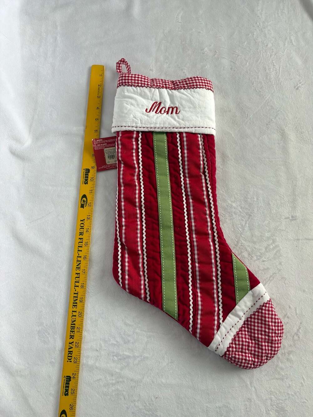 Pottery Barn Kids Red & Green Striped Quilted Christmas  'Mom' Stocking